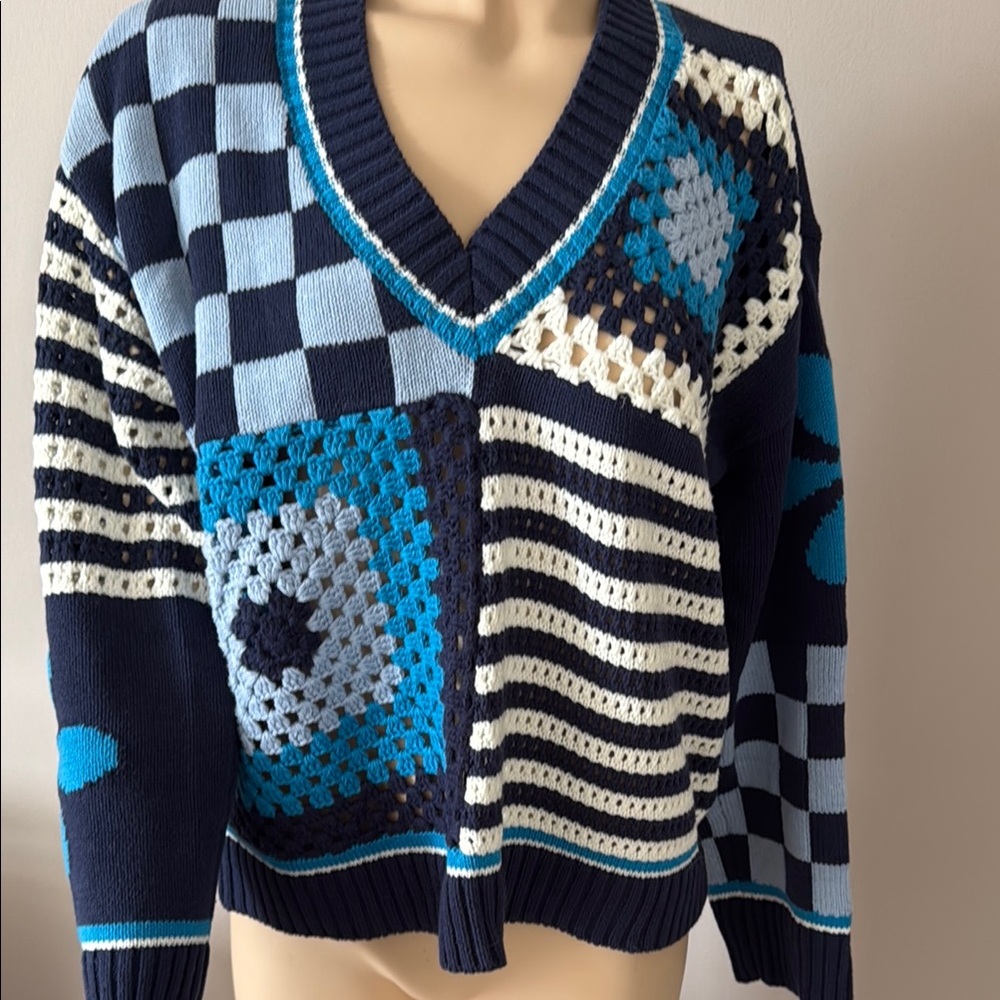 Rails Blue and White V-Neck Sweater with Artistic Patterns